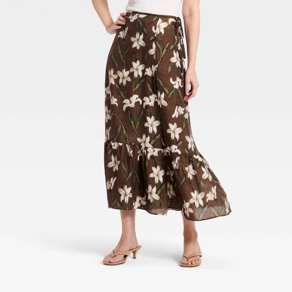 Women's Floral Wrap Maxi Skirt - A New Day Brown S